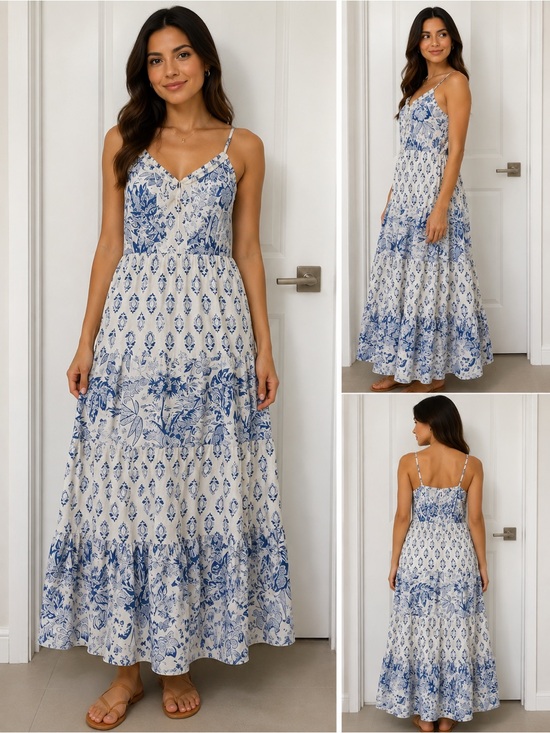 Calypso St. Barth Dresses & Skirts - Calypso St. Barth Blue and Cream Floral Tiered Maxi Dress